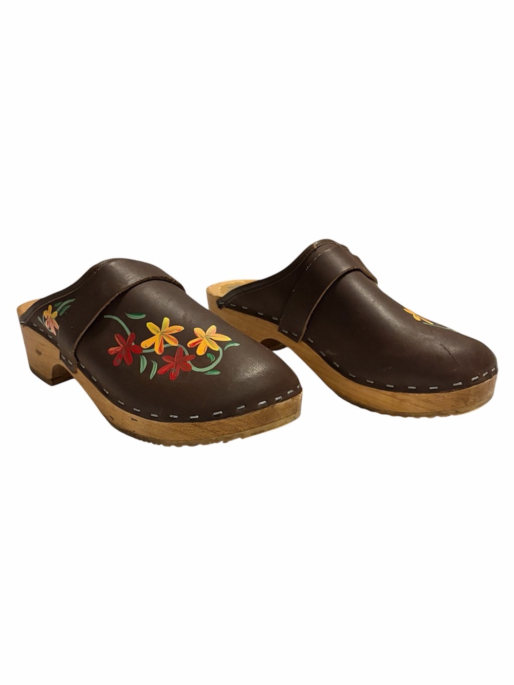 Tessa Swedish Clogs Vintage Hand-Painted Floral Leather Wood Size US 6.5-7